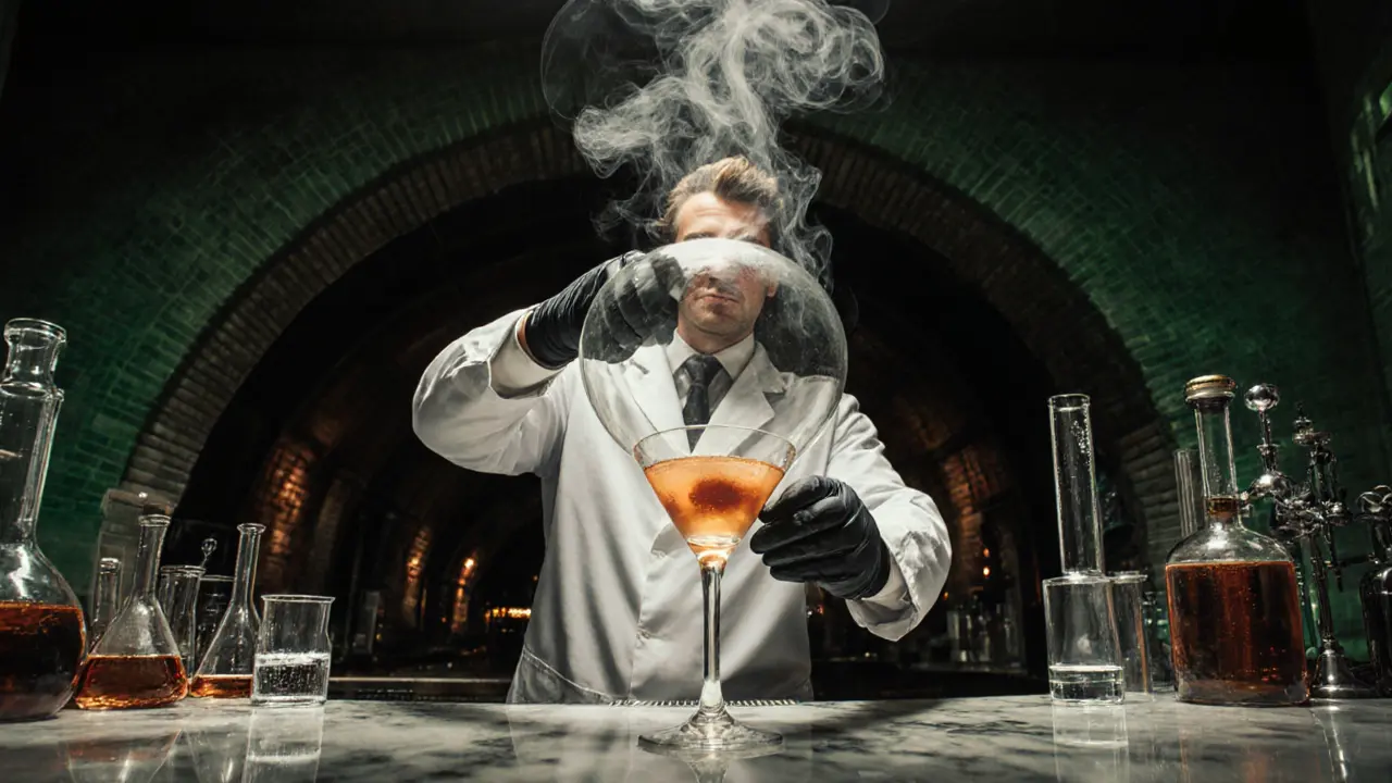 A dramatic cocktail presentation at The Alchemist with dry ice smoke rising under a glass dome, in a lab-like bar setting.