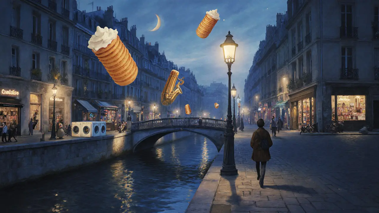 A dreamy night walk through Paris with floating food and music glowing softly above quiet streets.
