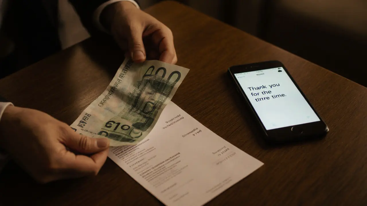 A hand placing payment on a table with a thank-you message on a phone, symbolizing mutual respect.