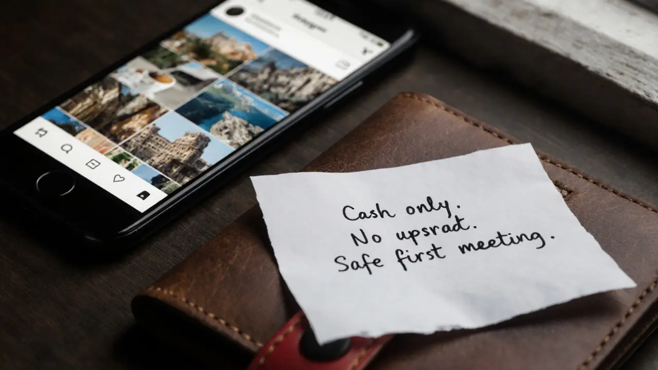 A handwritten note beside a wallet and smartphone showing authentic social media photos.