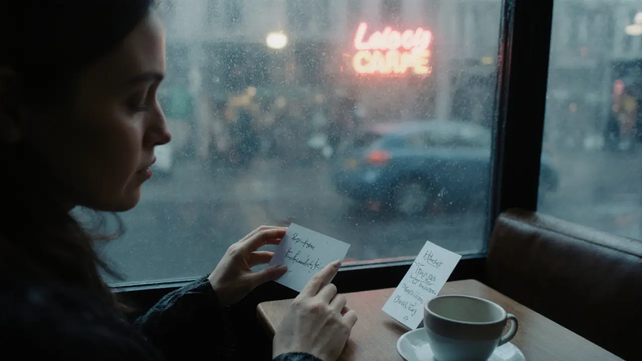A handwritten Spotify playlist card beside an empty coffee cup in a rainy London café.