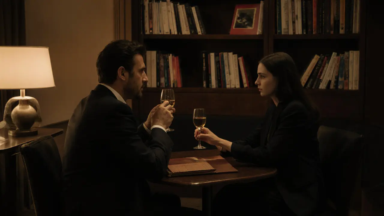 A man and woman having quiet conversation over wine in a boutique hotel lobby, no physical contact, elegant surroundings.