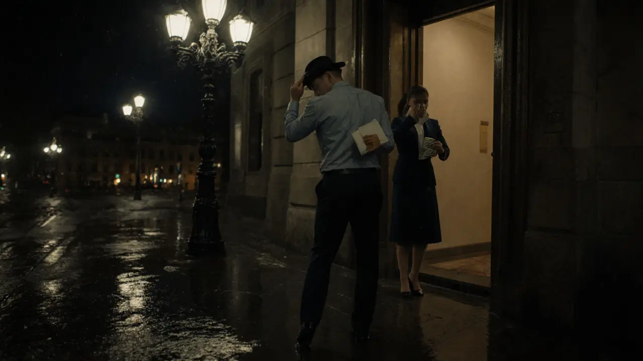 A man leaving a building after a session, handing cash to an escort, both anonymous and dignified.