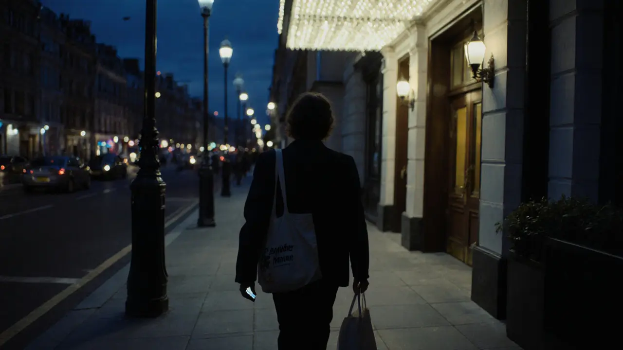 A person walking away from a hotel at night, phone glow visible, exuding quiet confidence.