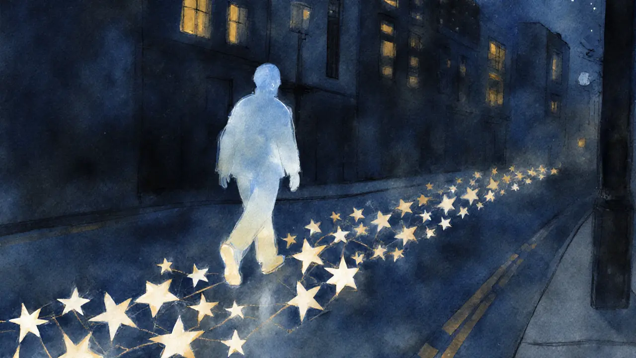 A person walks through London at night, leaving glowing footprints that form constellations of quiet moments.