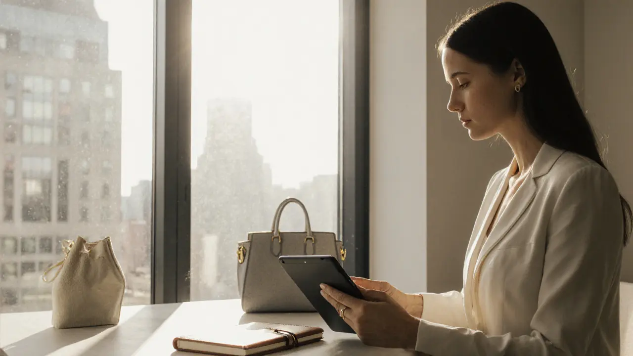 A professional escort reviewing an itinerary in a sunlit minimalist apartment.