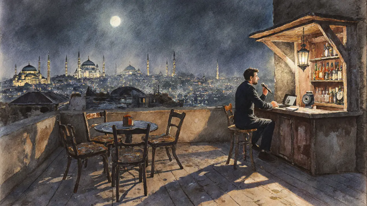 A quiet Cihangir rooftop at dawn, someone singing under lantern light with Istanbul skyline behind.