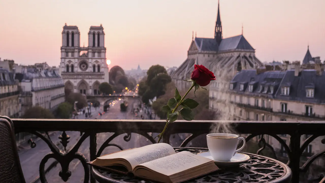 A quiet rooftop terrace at sunrise with coffee and a poetry book, Notre-Dame in the distance.