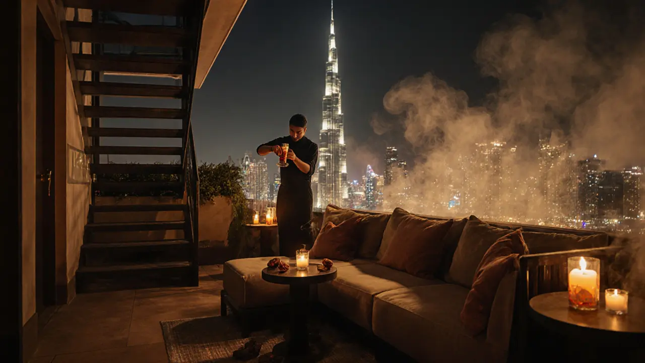 A quiet rooftop with candlelit couches and a view of Burj Khalifa, no crowds, just serene night ambiance.