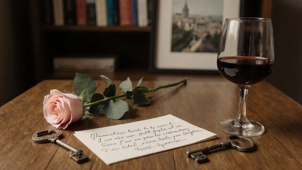 A rose, wine glass, and hotel key on a wooden table with blurred Parisian books in the background.
