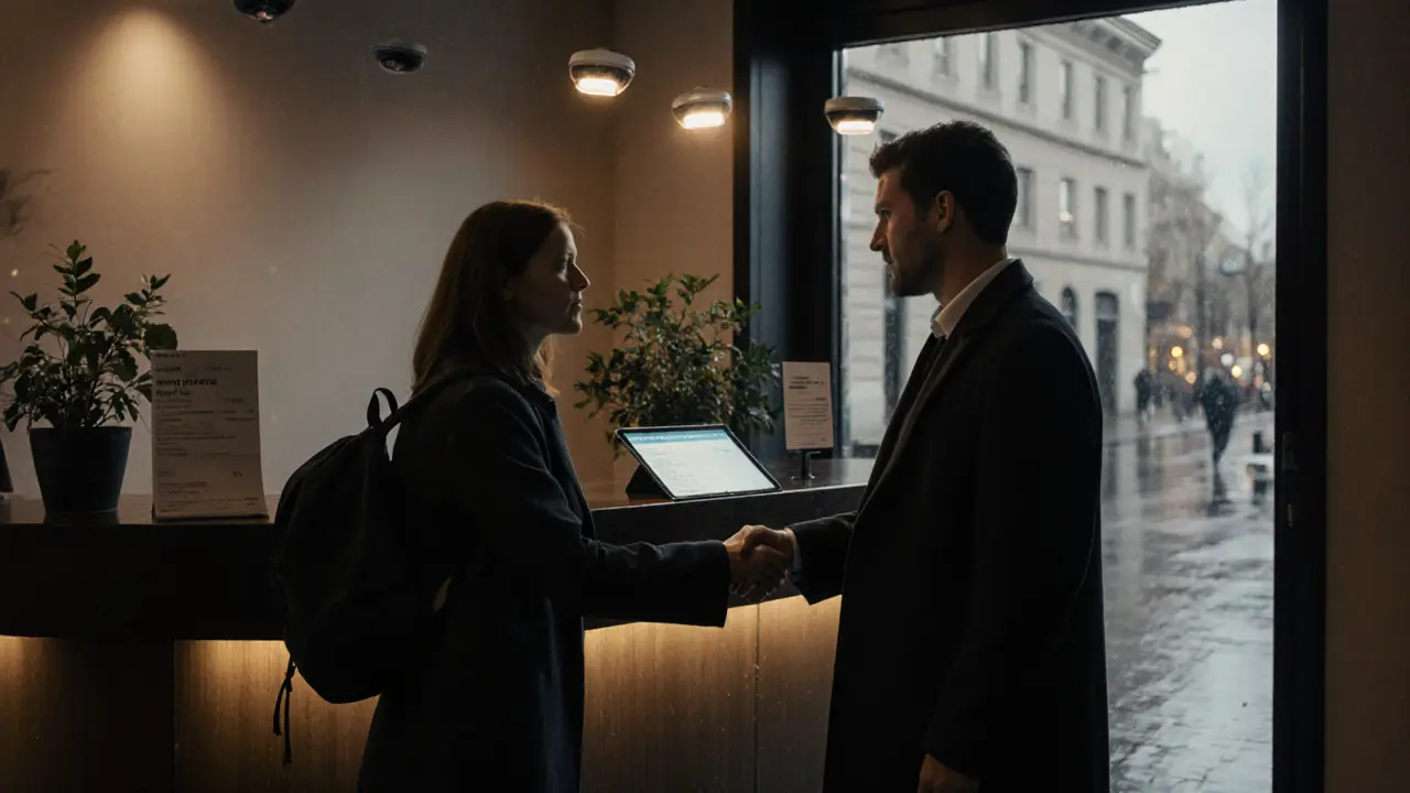 A safe first meeting in a hotel lobby, with digital payment and security cameras visible, under calm evening lighting.