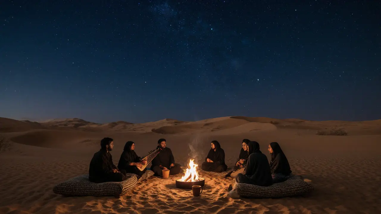 A silent desert camp under a starry sky, people gathered around a fire pit with no artificial lights.