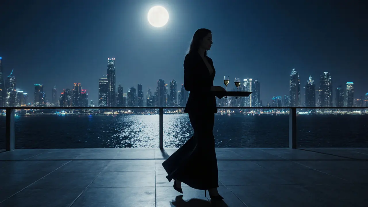 A silhouette on a moonlit rooftop terrace in Abu Dhabi, holding wine glasses as the city glows behind.