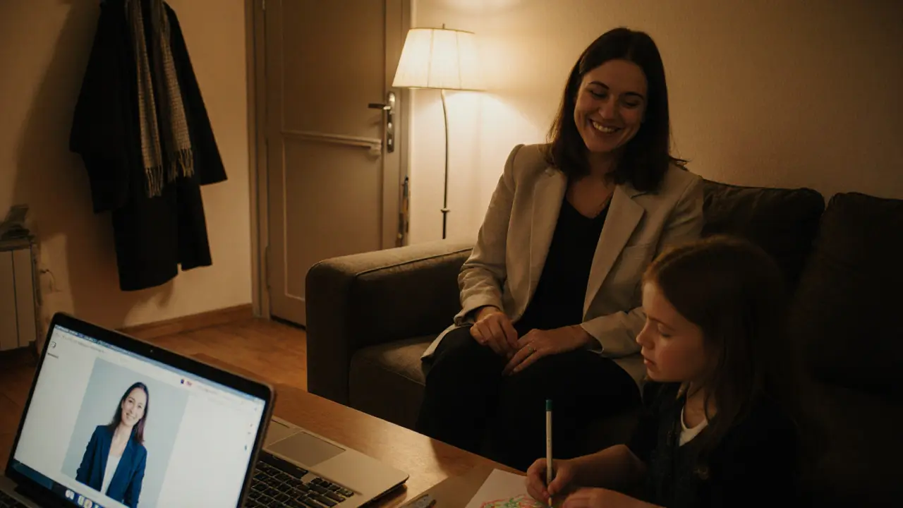 A single mother relaxing with her daughter at home, a professional photo lying nearby on the couch.