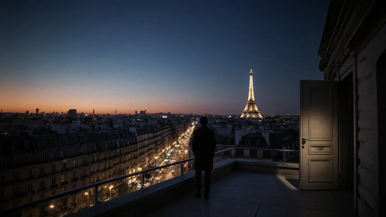 A solitary figure on a hidden rooftop overlooking Paris at dusk, city lights glowing below.