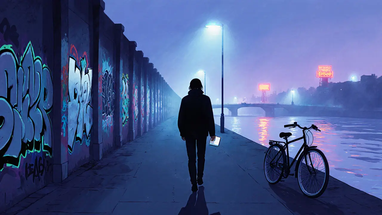 A solitary figure walking along the East Side Gallery at dusk, surrounded by graffiti and fog.