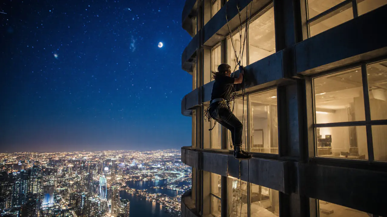 A solo climber ascending a skyscraper rooftop at night, city lights below, wind blowing, no phones, pure solitude.