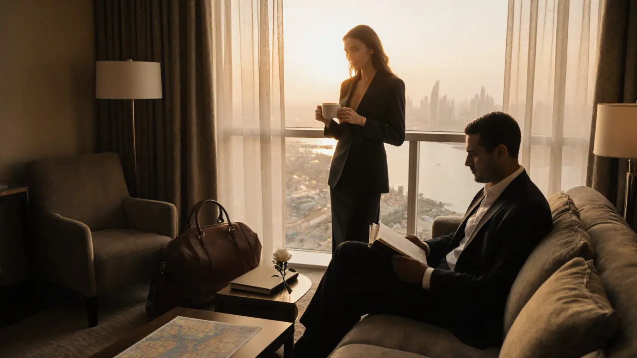 A sophisticated woman and man sharing a quiet moment in a luxury hotel suite, sipping Emirati coffee and reading.