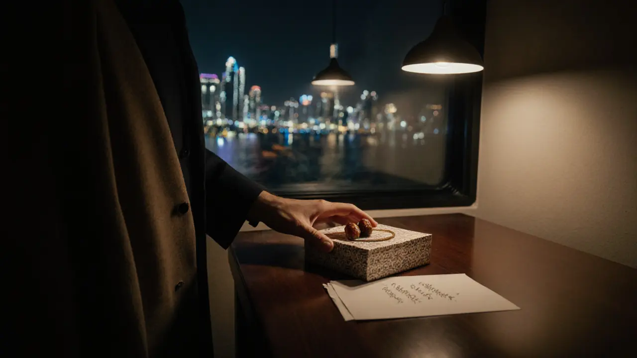 A thoughtful gift of dates and a note left on a table after a meaningful meeting in Dubai.