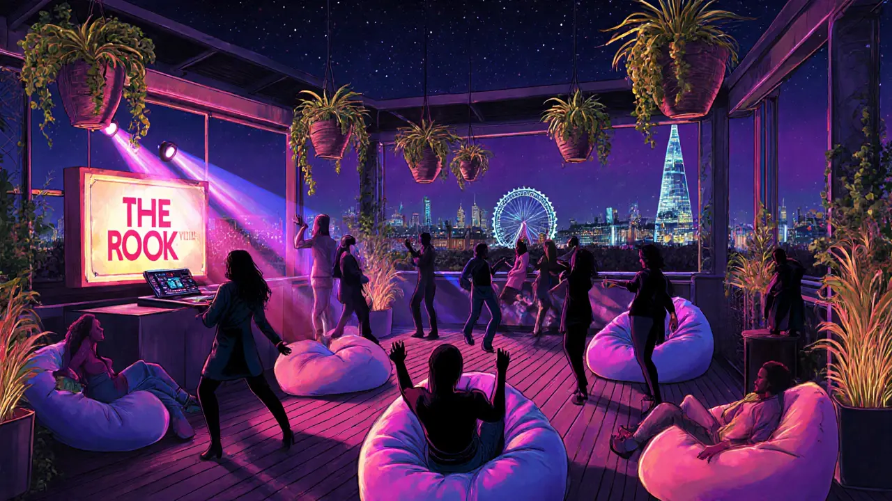 A vibrant rooftop bar at night with neon lights, plants, and people dancing under the stars against London&#039;s skyline.