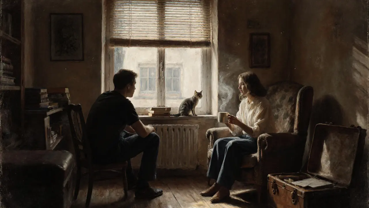 A woman and man in a cozy Berlin apartment, a cat in the window, soft light filtering through blinds.