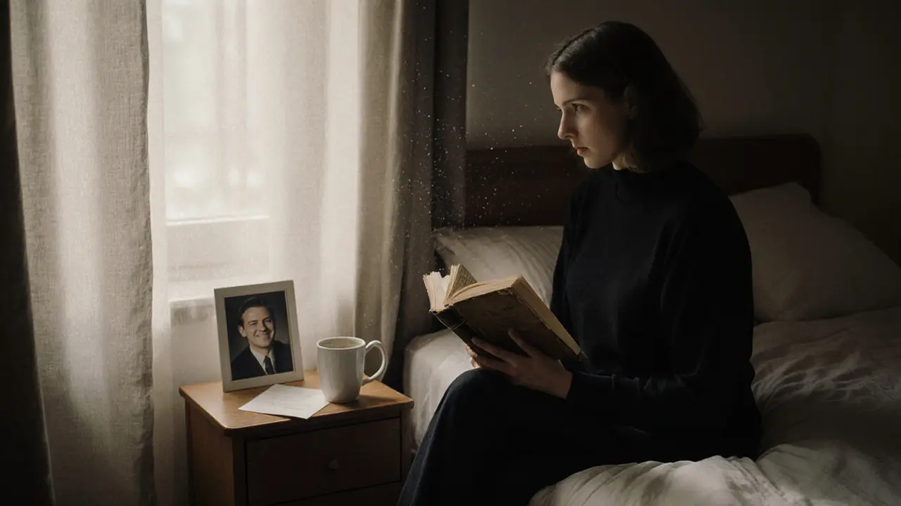 A woman holding a book in her Berlin apartment, a letter and photo on the nightstand beside her.