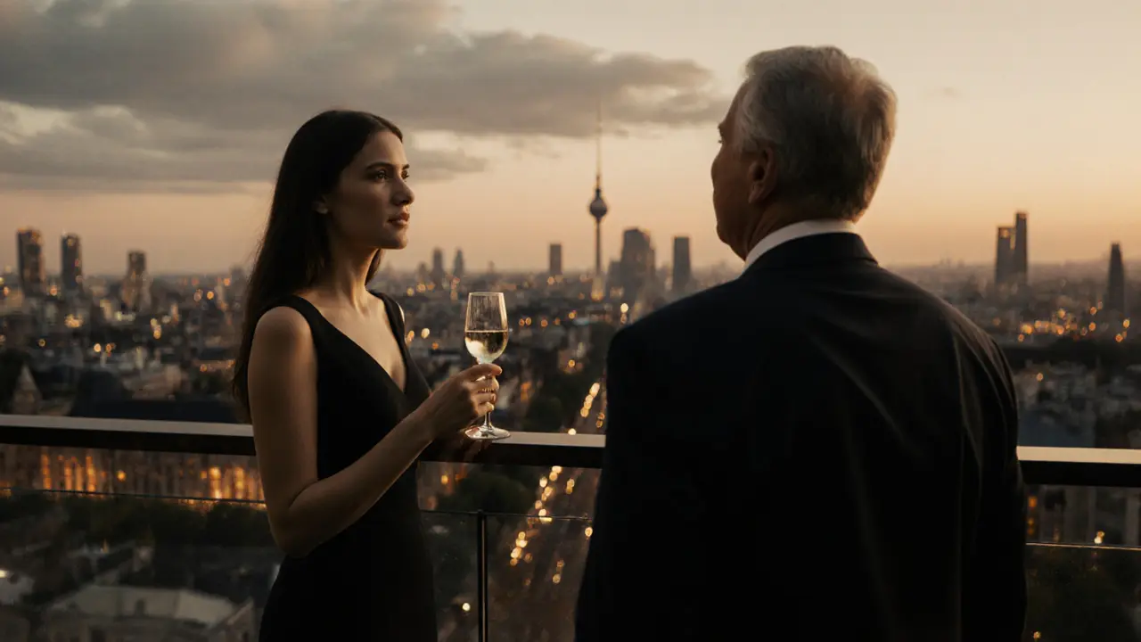 A woman in an elegant dress on a Berlin rooftop bar at dusk, sharing a serene moment with a man beside her.