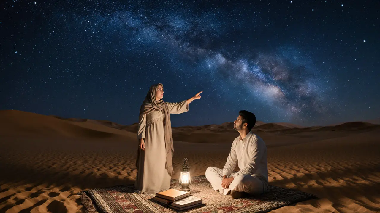 A woman pointing at the stars in a desert camp near Dubai, sharing a story with a captivated listener.