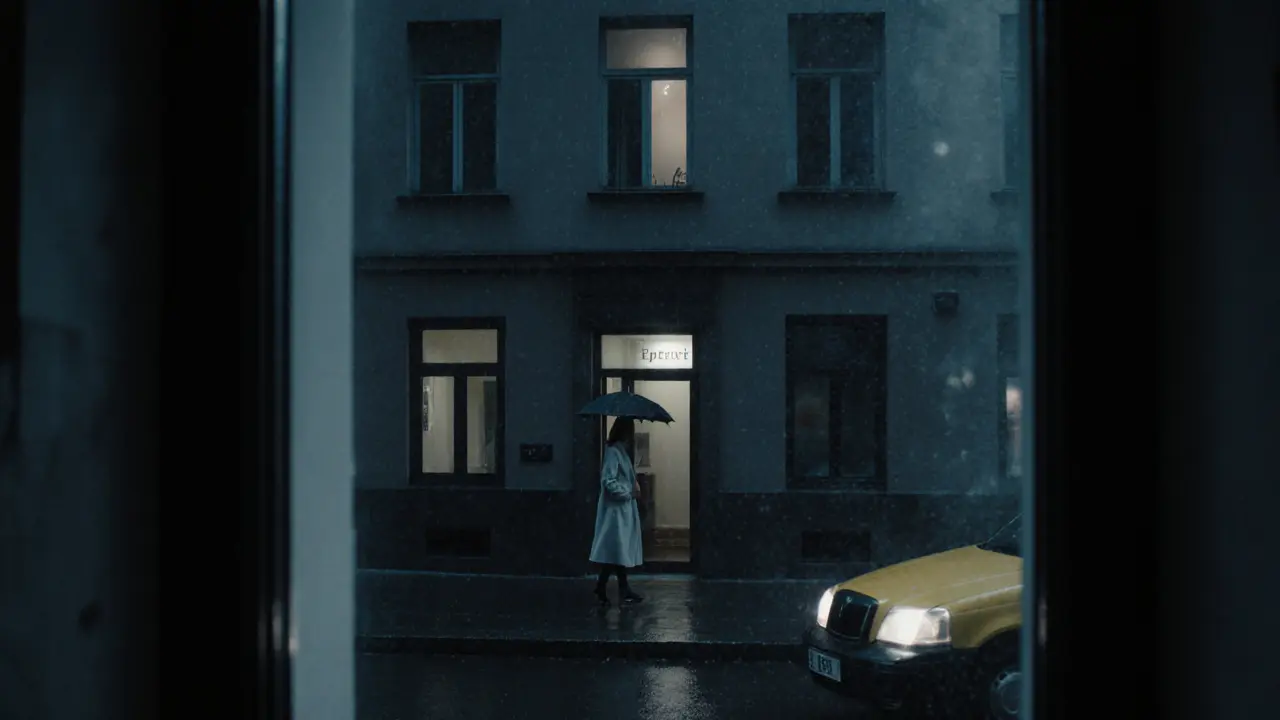 A woman stepping out of a taxi onto a rainy Berlin street, heading toward a private entrance with no signage, night setting.