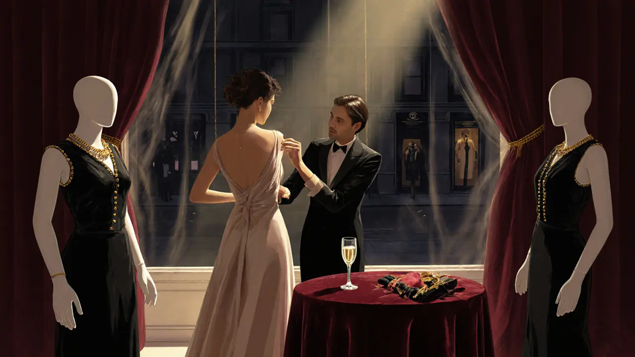 A woman trying on a silk dress in an empty luxury boutique with champagne and a stylist nearby.