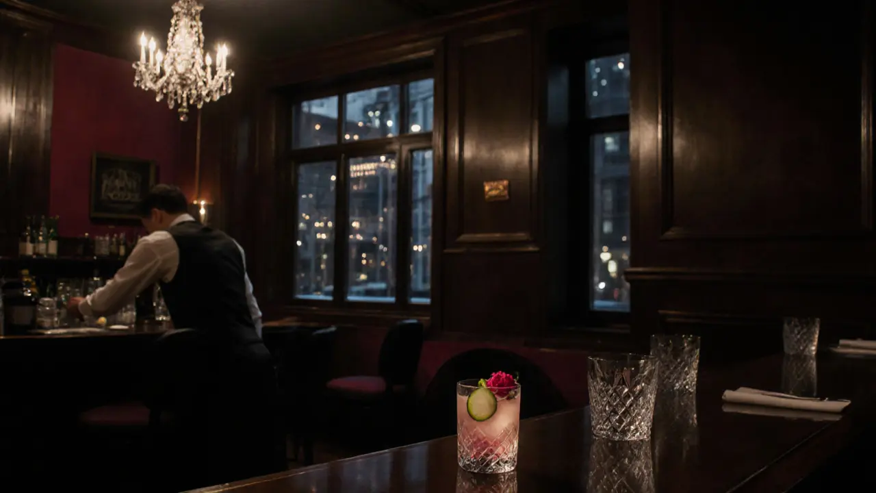 An elegant, dimly lit bar with a perfectly crafted cocktail on a dark wooden counter, exuding quiet luxury and timeless style.