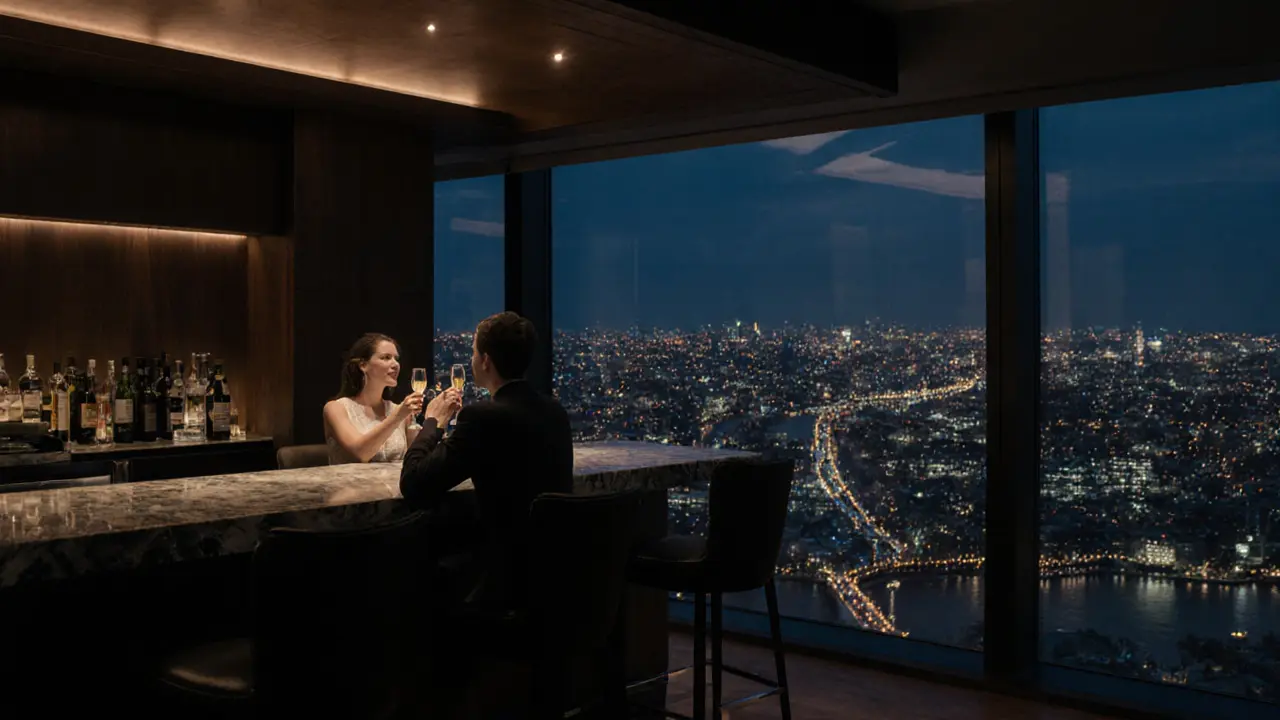 An elegant rooftop bar high above London, with a couple enjoying champagne and breathtaking city views at night.