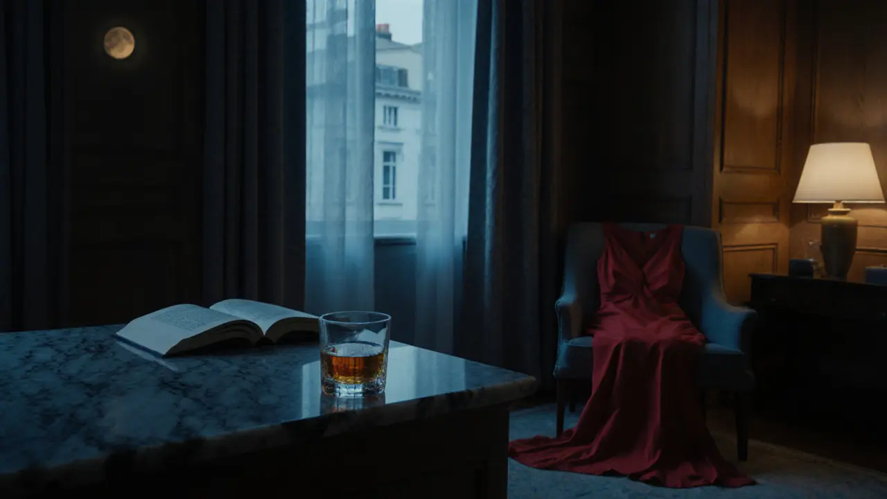 An empty luxury apartment in Notting Hill at night, red dress on a chair, whiskey glass beside an open book, moonlight through curtains.