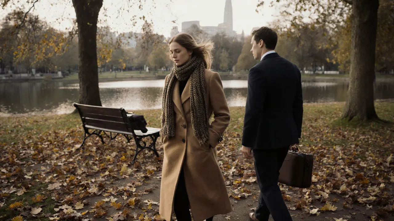 An escort and client walk silently through Hyde Park at dawn, autumn leaves falling around them in a moment of peaceful connection.