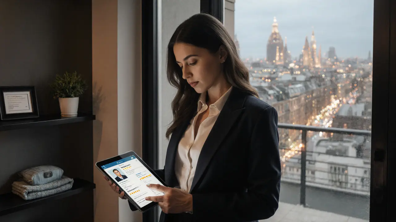 An escort verifying her profile on a tablet outside her apartment, professional and safe environment.