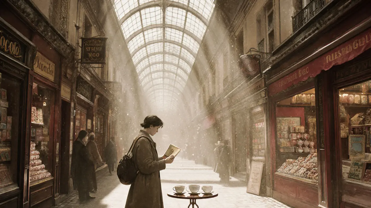 An old Parisian arcade with candy shops and coffee cups, bathed in soft afternoon light.
