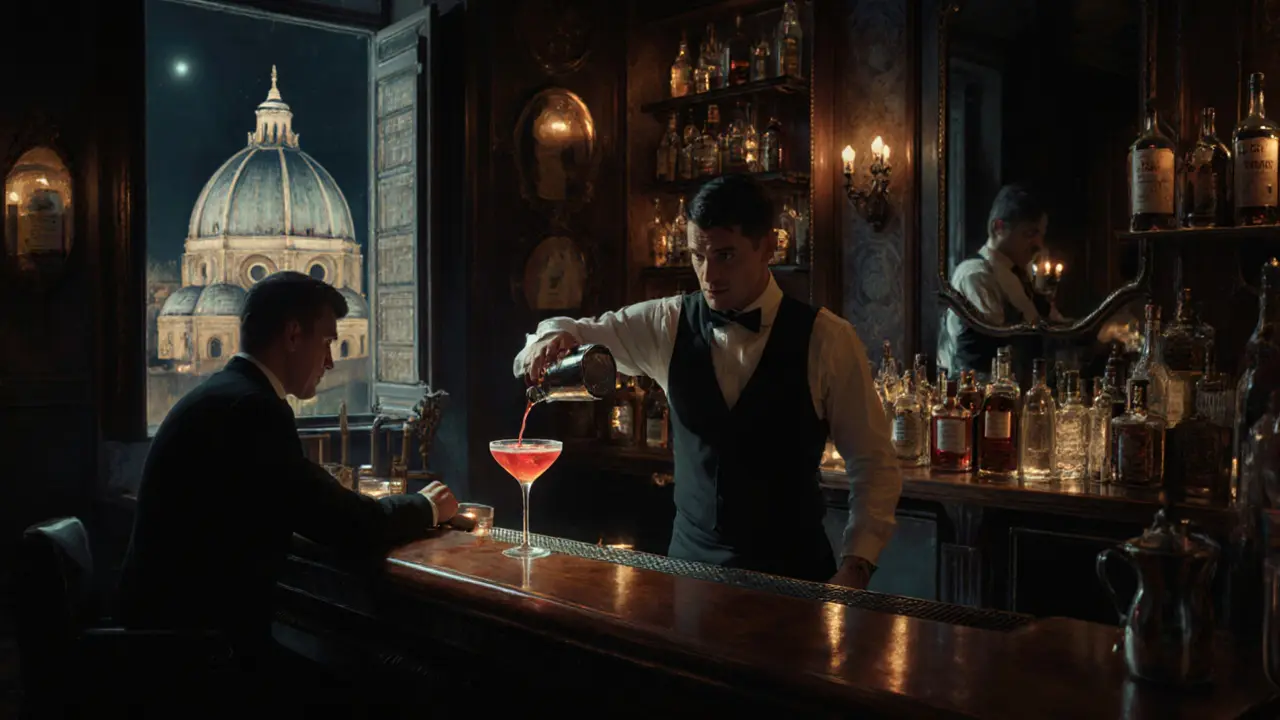 Bar Basso interior with bartender pouring a Negroni Sbagliato under warm candlelight.