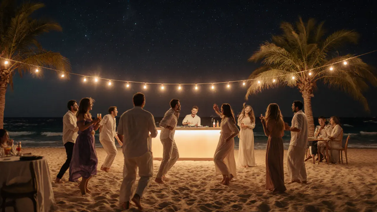 Beach club at night with people dancing on sand under string lights