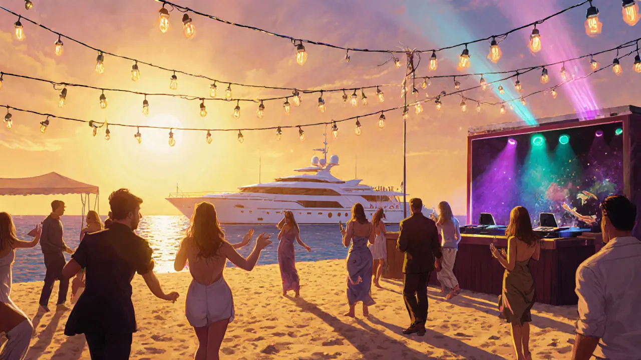 Beachfront party at La Plage with neon lights, dancing silhouettes, and Mediterranean sunset.