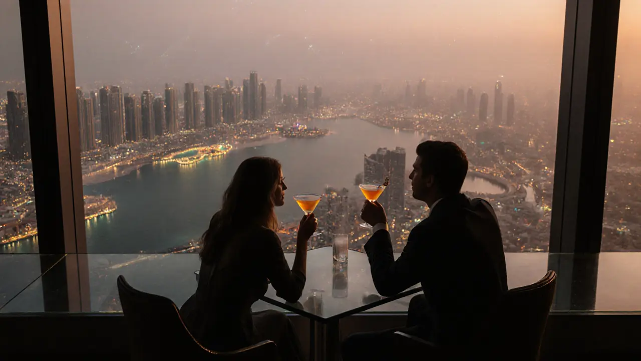 Couple enjoying cocktails high above Dubai with the skyline stretching into the distance.