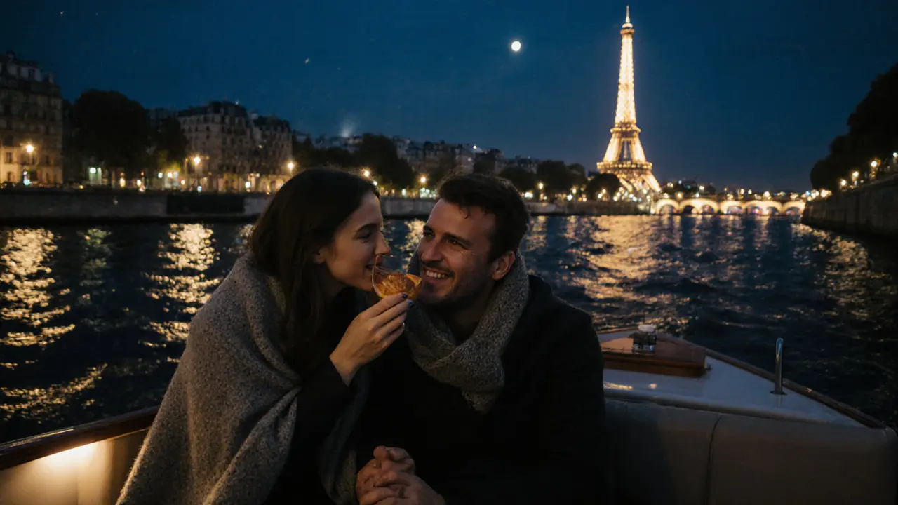 Couple in a private midnight boat on the Seine, Eiffel Tower glowing behind them.