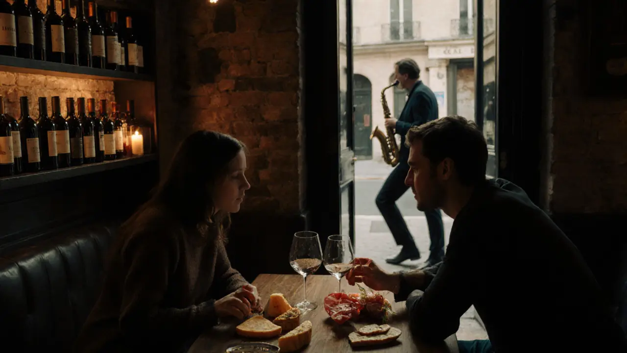 Couple sharing cheese and wine in a dim Parisian wine bar.