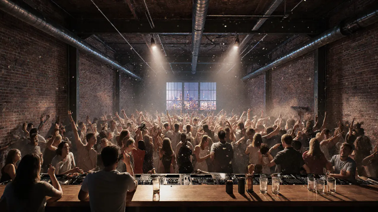 Crowd dancing in an industrial warehouse club with pulsing lights and raw underground energy.