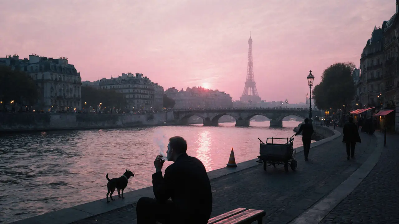 Dawn over the Seine, a lone figure on a bench smoking as the city slowly wakes.