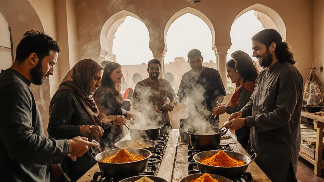 Diverse group learning Emirati cooking together in a bright cultural center, surrounded by spices and steam.