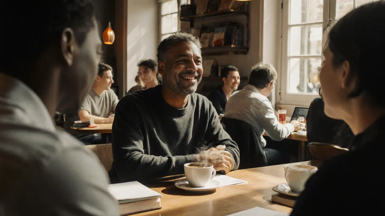 Diverse individuals having a calm, respectful conversation over coffee in a London café.