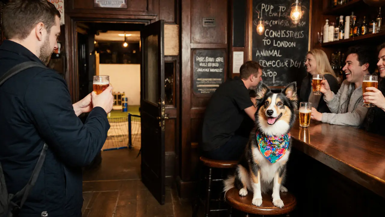 Dogs sitting at bar stools during a monthly pet event with owners raising glasses and a photographer capturing the moment.
