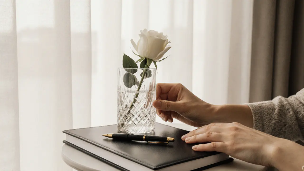Elegant hands placing a white rose in a crystal vase, natural light, neutral tones.