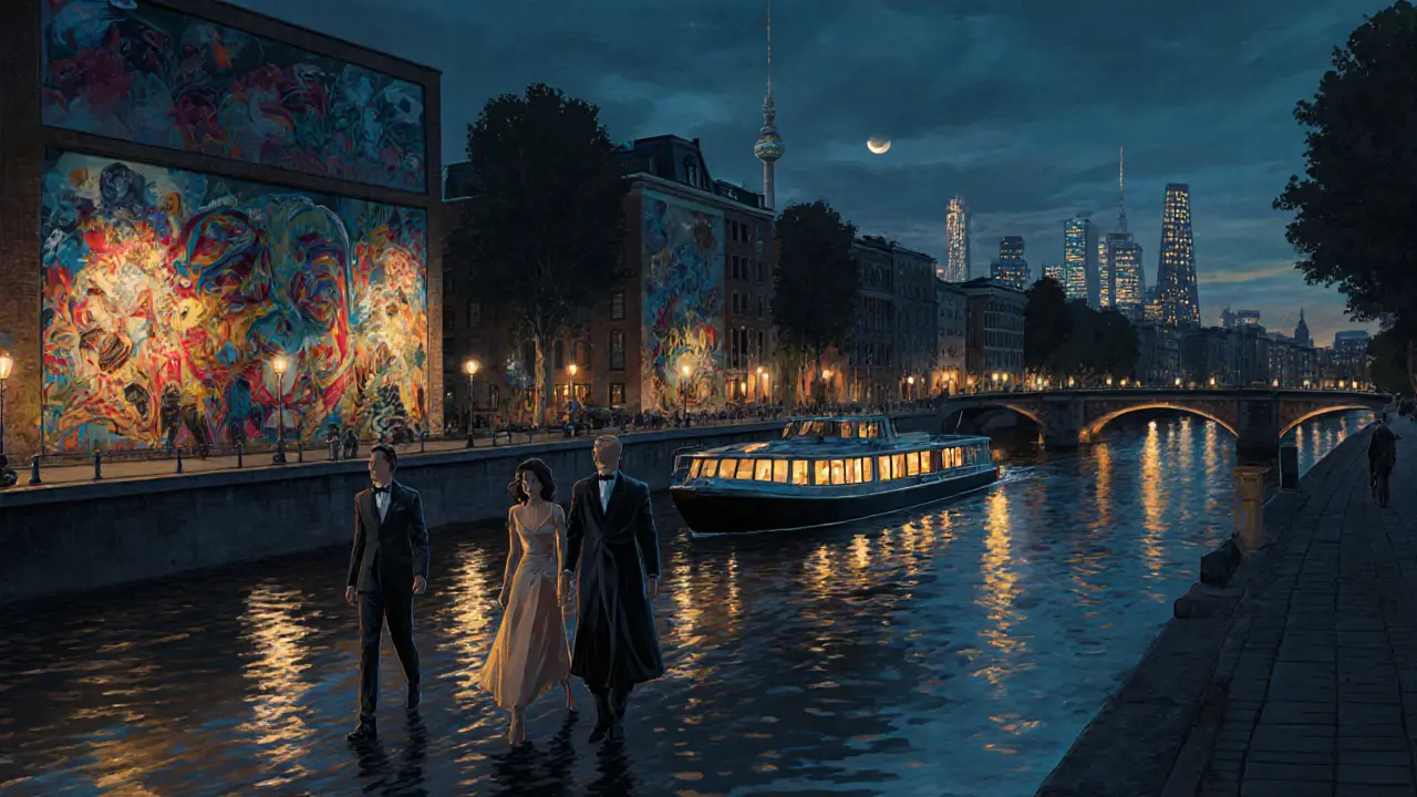 Elegant pair walking along the Spree River at night with East Side Gallery murals in the background.