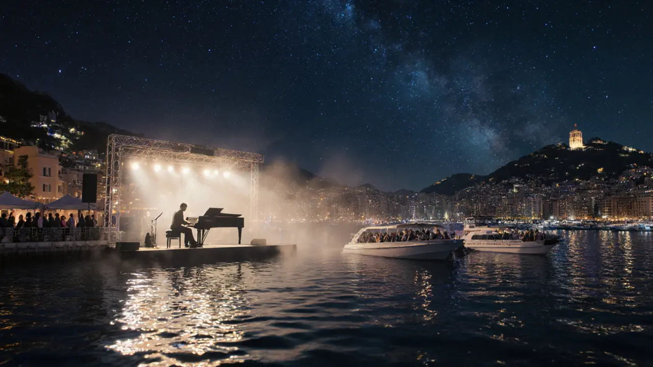 Floating concert on the harbor with piano music under starry skies.